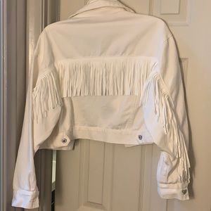 White fringe cropped jean/denim jacket